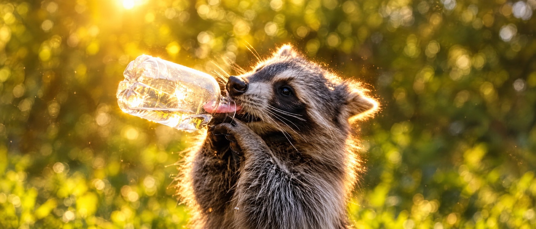 A raccoon holding a water bottle in golden woodland light, an image representing the sanctuary dream